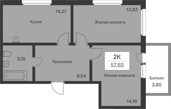 2-комнатная квартира 57.83 м², 9/9 эт., ЖК «Расцветай в Янино»